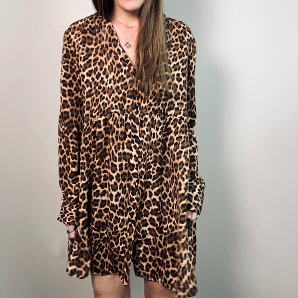 ZARA Leopard Print Button Up Shirt Dress Tunic size XS - Picture 1 of 11